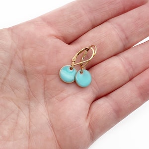 Tiny Round Turquoise Earrings in 14k Gold Filled Lever back or Shepherd Hook/French Hook Ear wire, Dangling Little Circles, Dots image 3