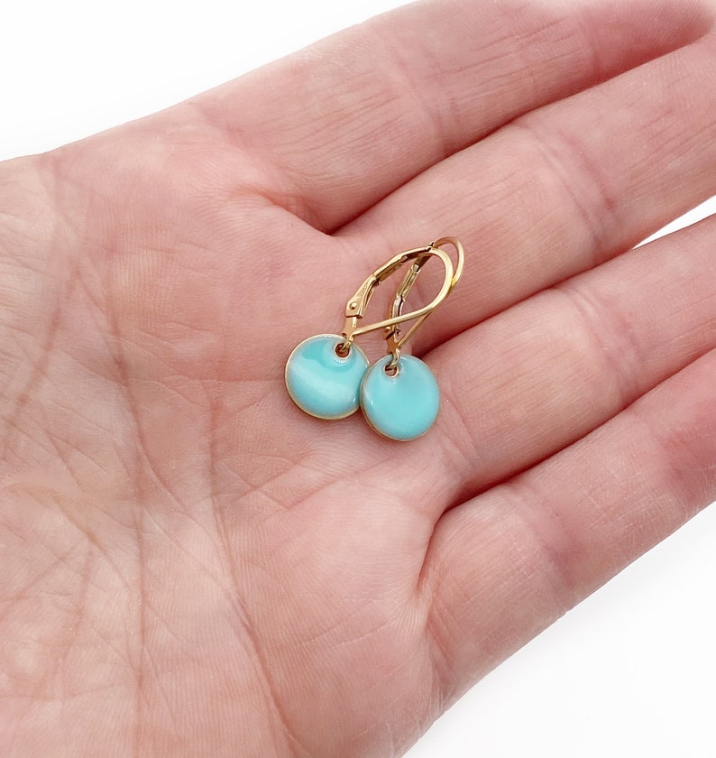 Tiny Round Turquoise Earrings in 14k Gold Filled Lever back or Shepherd Hook/French Hook Ear wire, Dangling Little Circles, Dots image 3