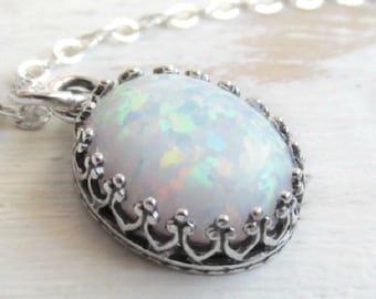 Sterling Silver Opal Necklace, White Opal Pendant Necklace, Sterling Silver Opal Jewelry, Opal Jewelry, October Birthstone Jewelry,Oval Opal