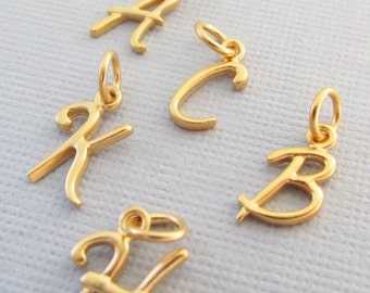 24K Gold Initial Charm: Cursive Letter Pendant, Sterling Silver