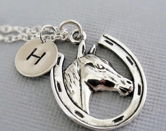 Personalized Sterling Silver Horse Necklace: Initial Charm, Horseshoe Jewelry