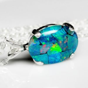 Mosaic Australian Opal Pendant Necklace, Blue, Green, and Specks of Red, Genuine, Authentic, Natural