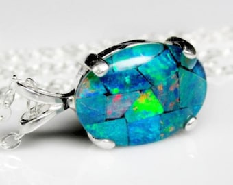 Mosaic Australian Opal Pendant Necklace, Blue, Green, and Specks of Red, Genuine, Authentic, Natural