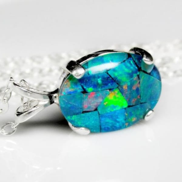 Mosaic Australian Opal Pendant Necklace, Blue, Green, and Specks of Red, Genuine, Authentic, Natural