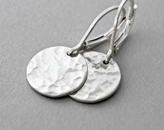 Hammered Sterling Silver Disc Earrings: Dainty Round Lever Back Drops