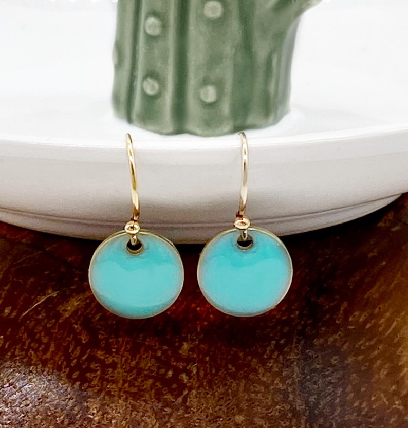 Tiny Round Turquoise Earrings in 14k Gold Filled Lever back or Shepherd Hook/French Hook Ear wire, Dangling Little Circles, Dots image 8