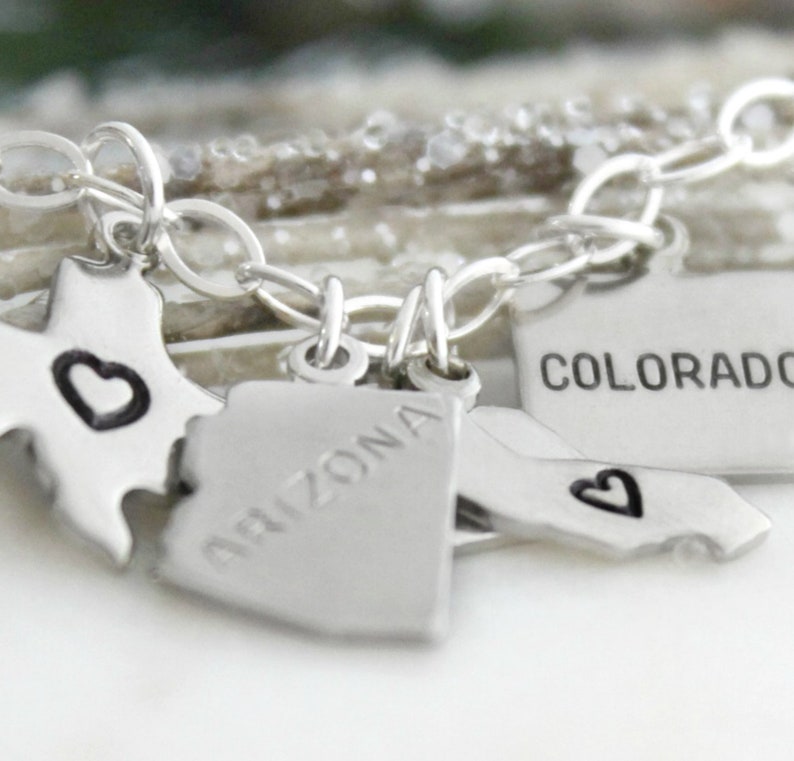 Silver State Charm Bracelet, Personalized With Heart, Blank or State Name, Adjustable Ext Chain, Small, Tiny, Danity, Sterling Silver Chain image 5