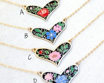 Floral Cloisonne Heart Pendant Necklace on a 14K Gold Filled Cable Chain, Colorful Flowers, Choker Necklace, Gifts For Mom, Gifts for Her