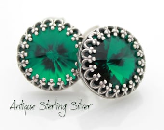 Emerald Green Swarovski Stud Earrings, Emerald Green Birthstone Jewelry, May Birthday, Christmas Earrings