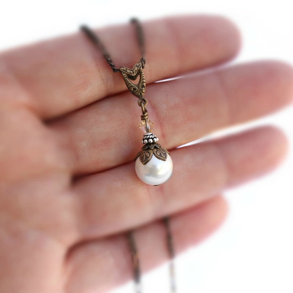 White Swarovski Pearl Necklace, Matching Earrings, Vintage Style, Bridesmaids Gift, Brides, Single Drop Pendant