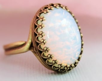 Opal Ring, Large White Glass Stone Ring, October Birthstone, Antique Brass Adjustable Rings, Gift For Her