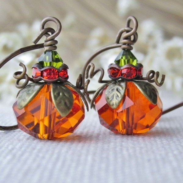 Pumpkin Earrings, Fall Festive Jewelry, Thanksgiving Holiday Jewelry, Orange Pumpkins, Cute Dangling Pumpkin Earrings.