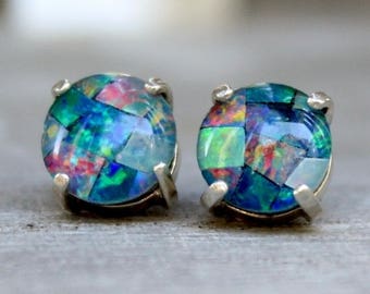 Australian Opal Earrings, Sterling Silver Opal Stud Earrings, Round Mosaic Opal Jewelry, Genuine Triplet Opal Earrings, Gifts For Her