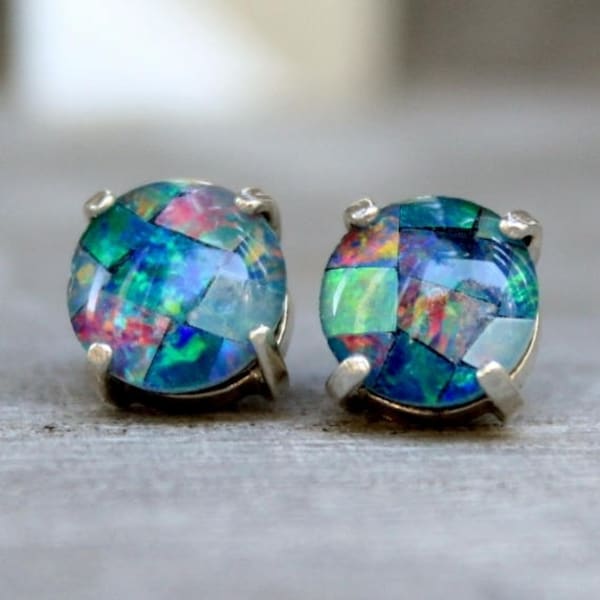 Australian Opal Earrings, Sterling Silver Opal Stud Earrings, Round Mosaic Opal Jewelry, Genuine Triplet Opal Earrings, Gifts For Her