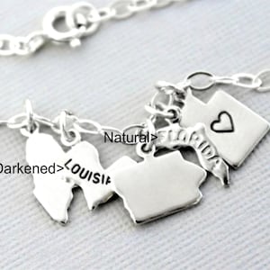 Silver State Charm Bracelet, Personalized With Heart, Blank or State Name, Adjustable Ext Chain, Small, Tiny, Danity, Sterling Silver Chain image 3