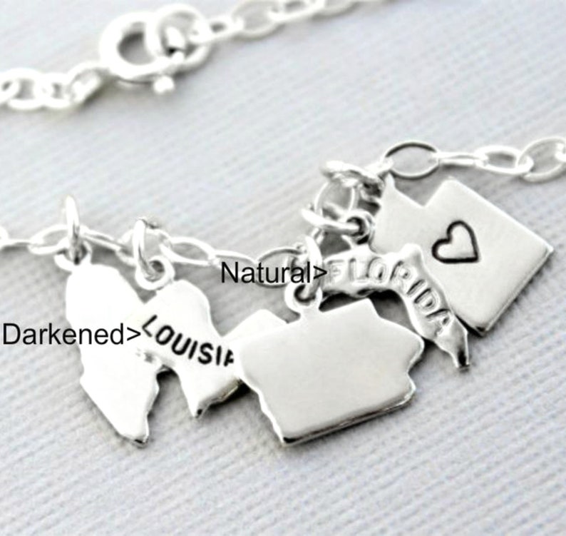 Silver State Charm Bracelet, Personalized With Heart, Blank or State Name, Adjustable Ext Chain, Small, Tiny, Danity, Sterling Silver Chain image 3
