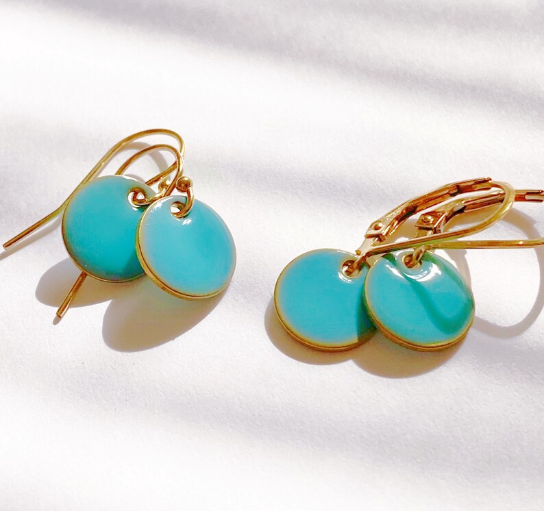Tiny Round Turquoise Earrings in 14k Gold Filled Lever back or Shepherd Hook/French Hook Ear wire, Dangling Little Circles, Dots image 4