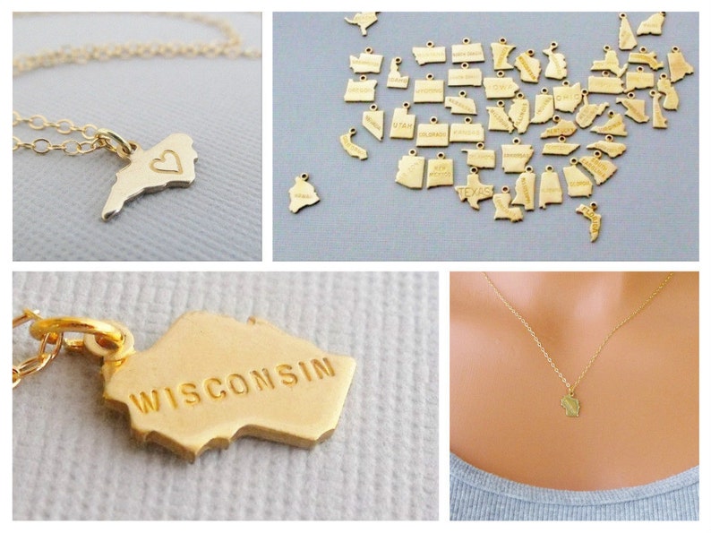 Gold State Charm Necklace, Tiny, Going Away Gift, State Charm Jewelry, State Shaped Charms, Gift For Her, Home Sweet Home image 6