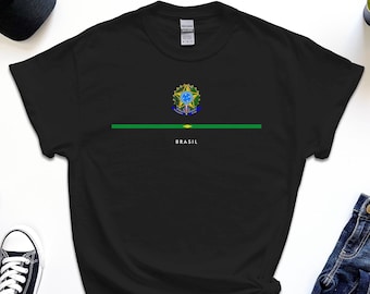 Camiseta de Brasil, camiseta con la bandera y el escudo de armas de Brasil en ancho completo, inserción de mensaje de regalo gratis