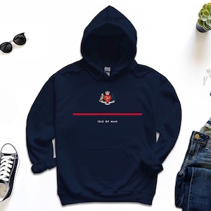 May include: A navy blue hoodie with a red stripe and the Isle of Man coat of arms printed on the front. The coat of arms features a red heart with a crown on top.
