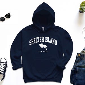 Shelter Island Hoodie, American Island Shelter New York with Map Comfort Pullover