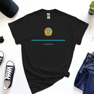 Kazakhstan Shirt, Full Width Flag Coat of Arms of Kazakhstan Tshirt Free Gift Message Insertion