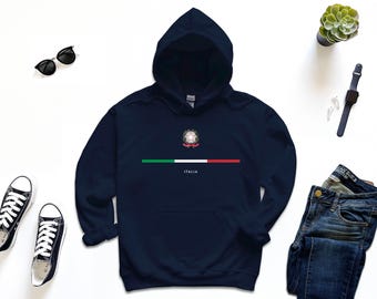 Sudadera con capucha de Italia, camiseta personalizada con la bandera y el escudo de armas de Italia en ancho completo. Incluye mensaje de regalo gratis.
