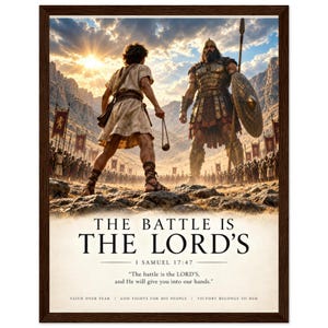 ダビデとゴリアテの額入り壁掛けアート、「戦いは主のもの」、サムエル記上17章47節の聖句入り額入りポスター、すぐに飾れるギフト