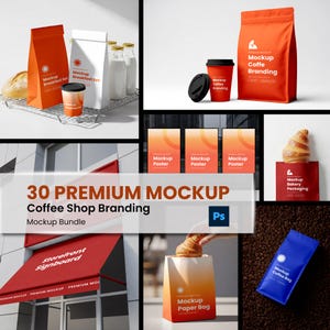 May include: A mockup bundle showcasing coffee shop branding elements. Includes orange and white paper bags, coffee cups, posters, and a storefront sign. The text reads "30 Premium Mockup Coffee Shop Branding".