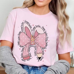 Easter Teacher Cute Coquette Bow Bunny Shirt, Teacher Easter T-Shirt, Teacher Appreciation Gift, Spring School Teacher Tee