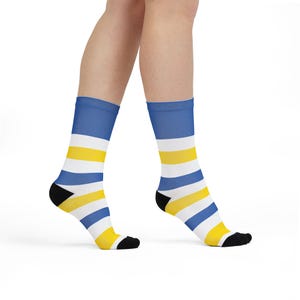 Peut inclure: Une paire de chaussettes rayées bleues et jaunes. Les chaussettes sont blanches avec des rayures horizontales bleues et jaunes.