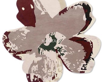 Hand Tufted Wool Flower Rug, Funky Mauve Burgundy Floral Mat