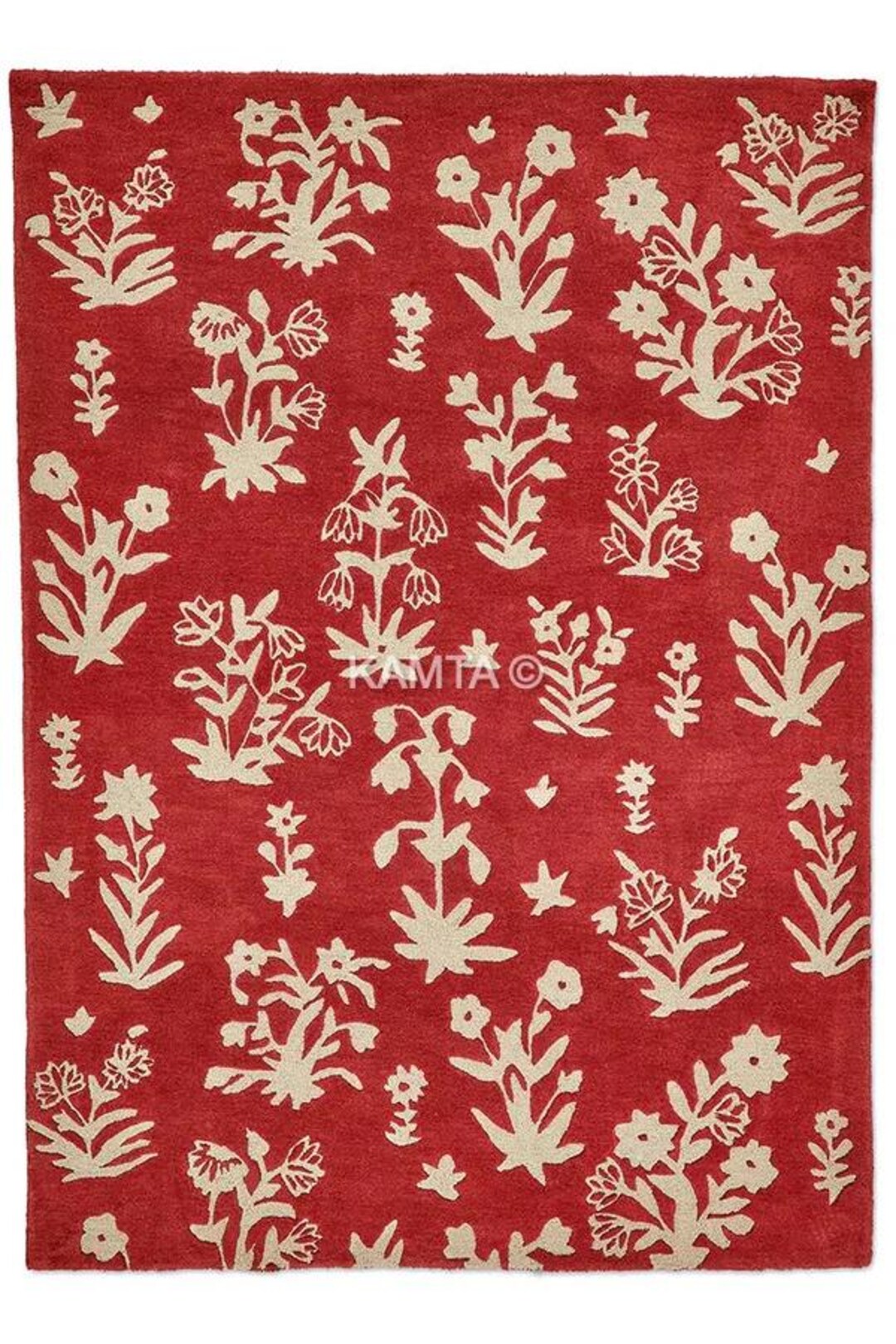 Hand Tufted Red Floral Rug, Wool Indian Block Print Area Rug ...