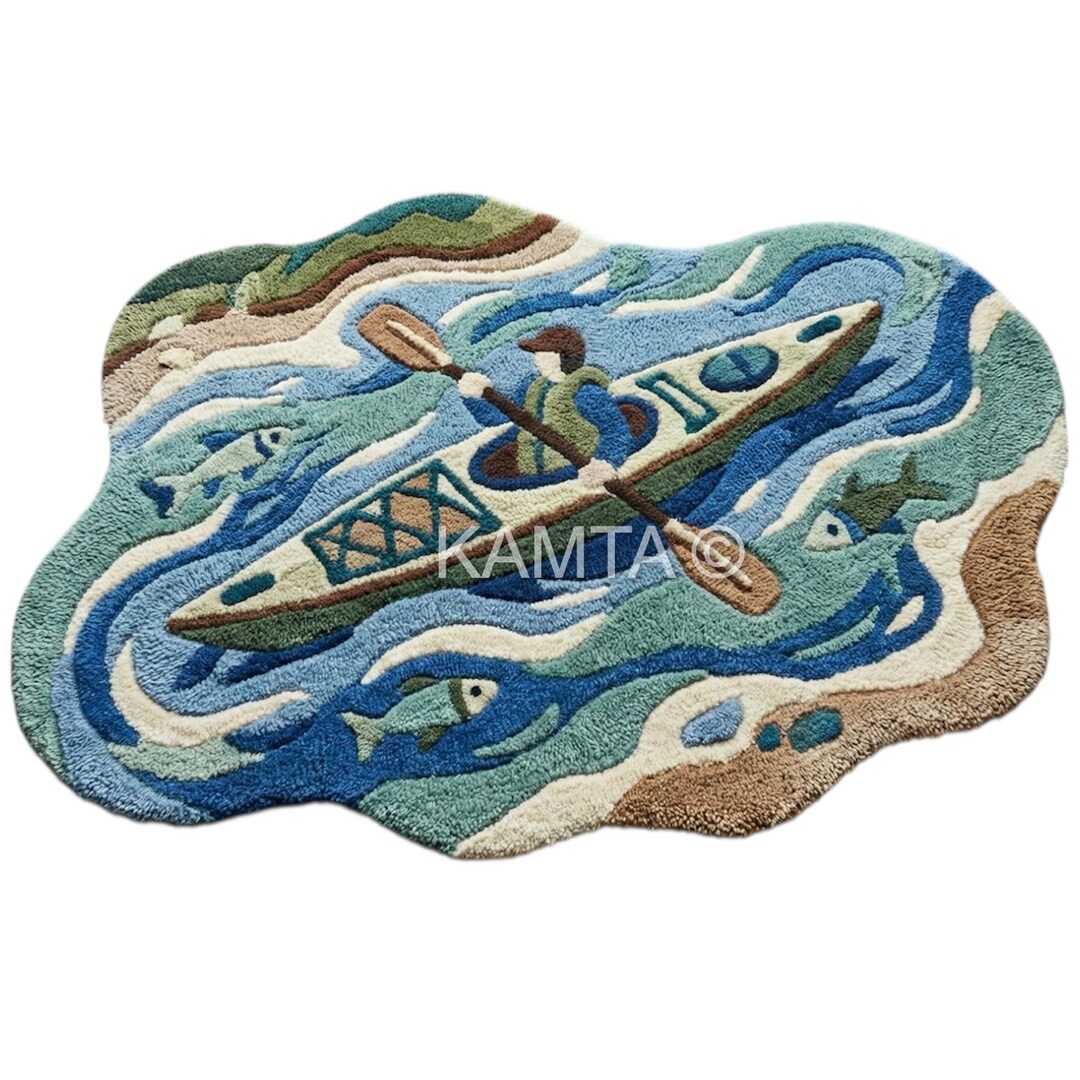 River Rug Custom Hand Tufted Kayak Rug 100% Wool - Lake House Decor, River Scene Floor ...