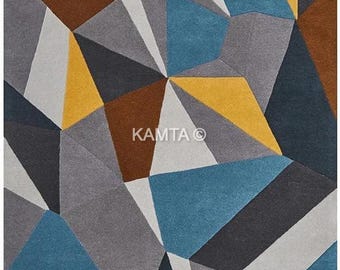 Hand Tufted Wool Geometric Rug, Abstract Color Block, Mid Century Modern