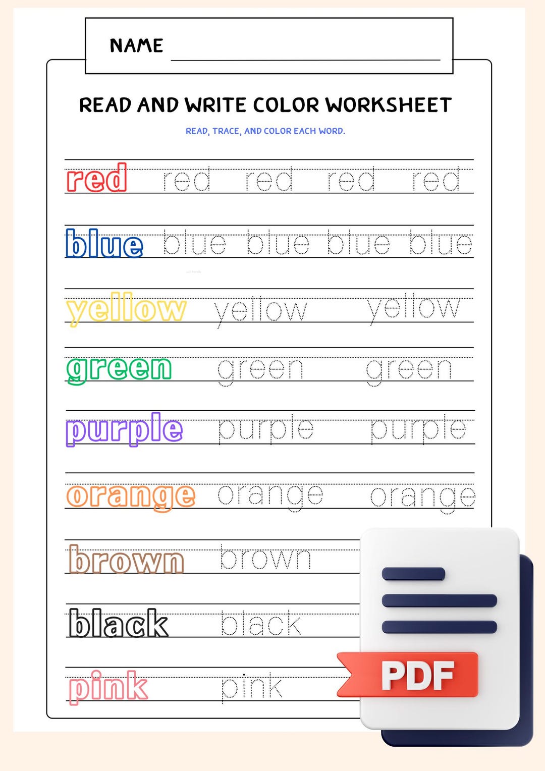 Read and Write Color Worksheet - Etsy