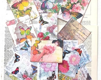 Junk Journal Kit, Junk Journal supplies, scrapbooking ephemera, vintage butterfly prints, old book pages #BF22