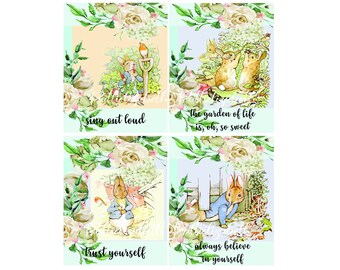 Peter Rabbit Cards with Quotes Size 4x5" Peter Rabbit Prints for Easter  These 4 prints are great for scrapbooks journals home decor crafts