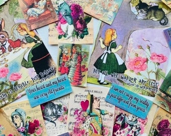 Alice in Wonderland Junk Journal supplies, 30+item paper kit Alice In Wonderland pictures, quotes and scrapbooking papers.