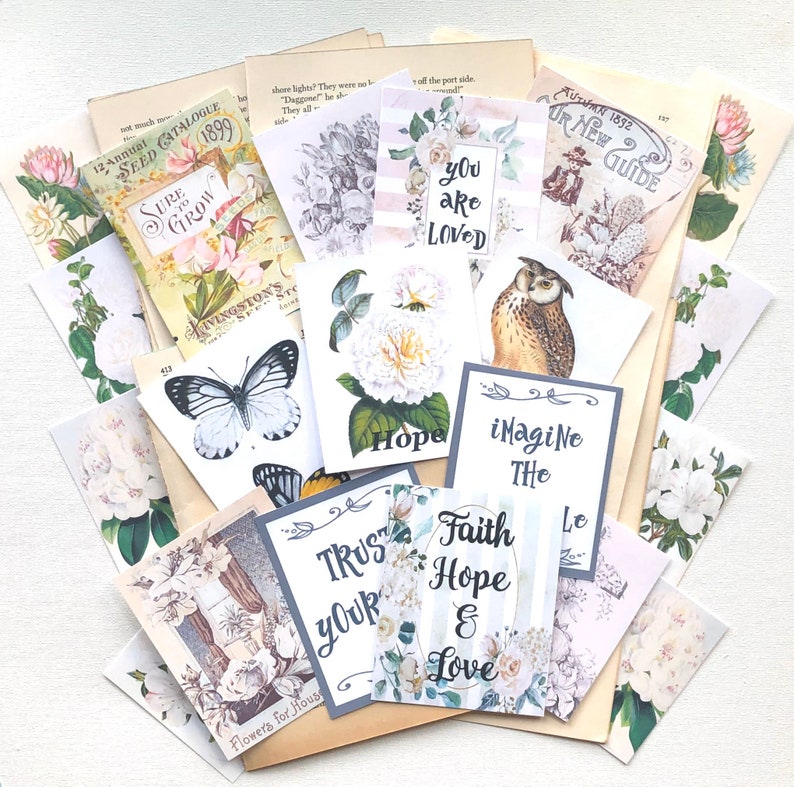Junk Journal supplies scrapbook papers hand cut hearts vintage book pages bows Junk Journal Kit