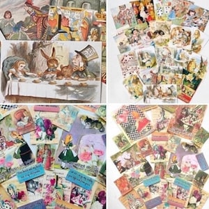 Alice in Wonderland Junk Journal supplies, 30+item paper kit Alice In Wonderland pictures, quotes and scrapbooking papers.