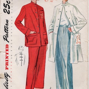 May include: Vintage Simplicity pattern showing two outfits: a red suit with a mandarin collar and a white coat with blue trousers. The pattern includes illustrations and the text "Simple to Make". The size is 14, bust 81 cm.