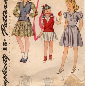 May include: Vintage Simplicity pattern featuring three dress designs for girls, size 4. The illustrations showcase dresses with various sleeve styles, skirt designs, and a vest. The pattern's text includes "Simplicity" and "America's Fashion."
