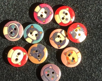 10 wood, two-hole, 5/8" cat buttons. Mixed colors. Cat Collection 2
