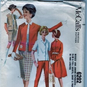 1961 McCall&#39;s 6202 Misses&#39; and Junior Separates: Jacket, Slim & Full Skirts, Shirt and  Pants in Two Lengths.