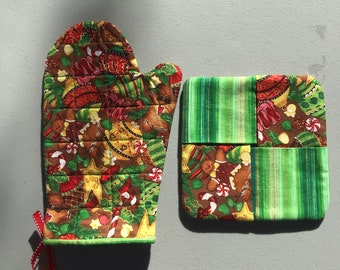 Navidad Gingerbread hombre horno mitt y almohadilla caliente / juego de soporte de olla