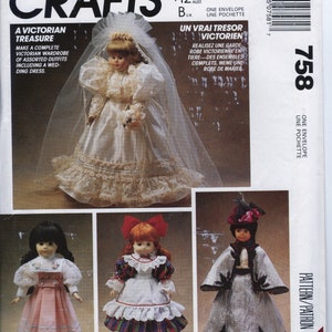 May include: A vintage sewing pattern for making Victorian doll clothes. The pattern includes instructions for making a wedding dress, a plaid dress, and a cape dress. The pattern is from McCall's Crafts and is numbered 758.