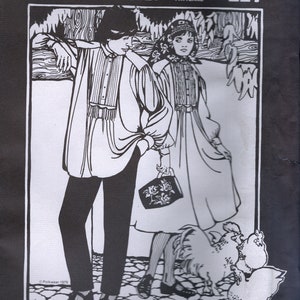 May include: Black and white illustration of a Croatian shirt pattern from Folkwear, pattern number 117. The illustration shows two people wearing the shirt, one with a long skirt and the other with pants. The illustration is set in a forest scene.