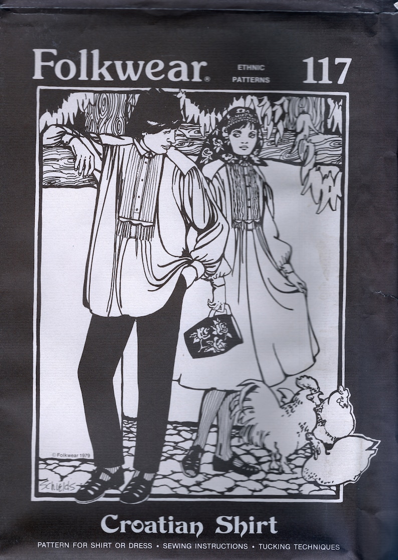 May include: Black and white illustration of a Croatian shirt pattern from Folkwear, pattern number 117. The illustration shows two people wearing the shirt, one with a long skirt and the other with pants. The illustration is set in a forest scene.