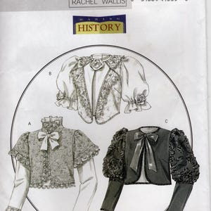 Op de afbeelding: Butterick naaipatroon B4952 met drie vintage bolero-jassen. Het patroon bevat kant, strikken en pofmouwen. Ontworpen door Rachel Wallis, het is beschikbaar voor maten 6-8-10-12. De tekst "MAKING HISTORY" is ook zichtbaar.